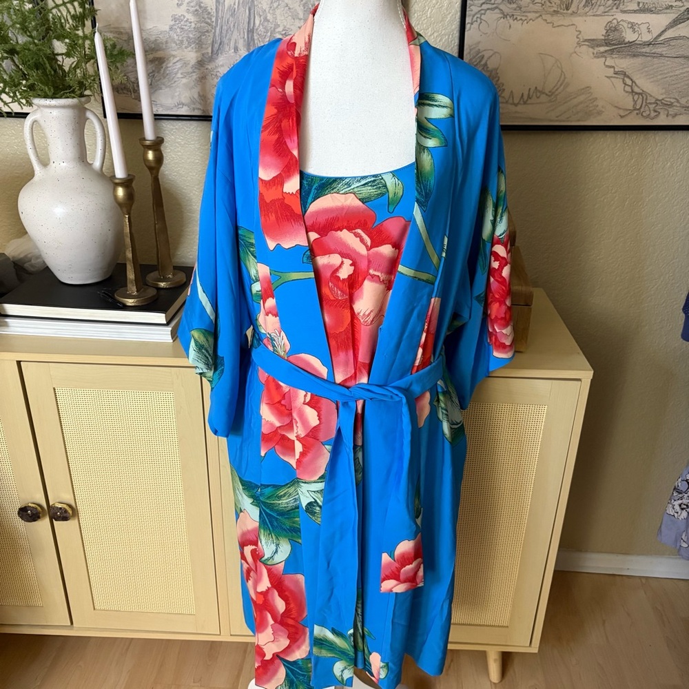 NATORI Bloom Robe and Slip Dress Set Blue Floral Sizeโ XS